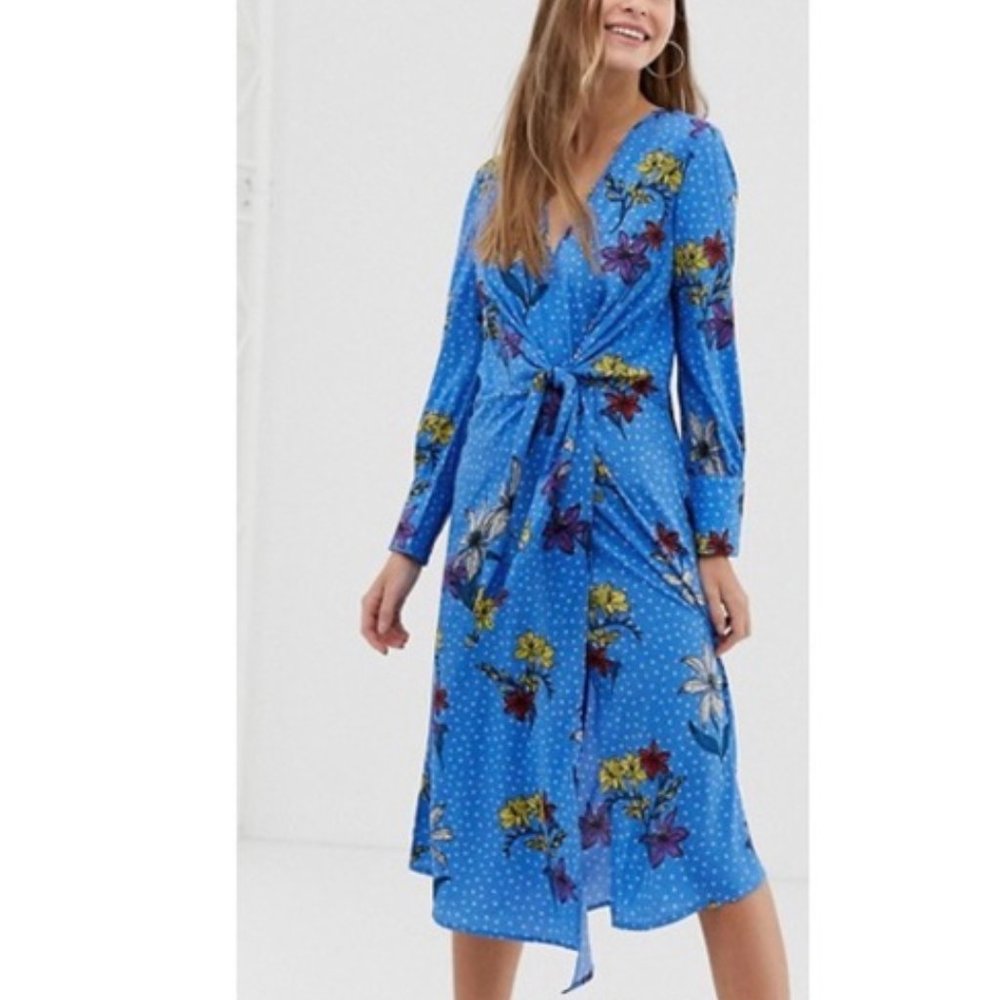 Blue knot asymmetric wrap front floral midi